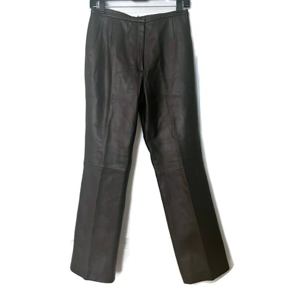 Vintage Lord & Taylor Brown 100% Leather Pants Classic Straight Leg Size 6P - Picture 2 of 12